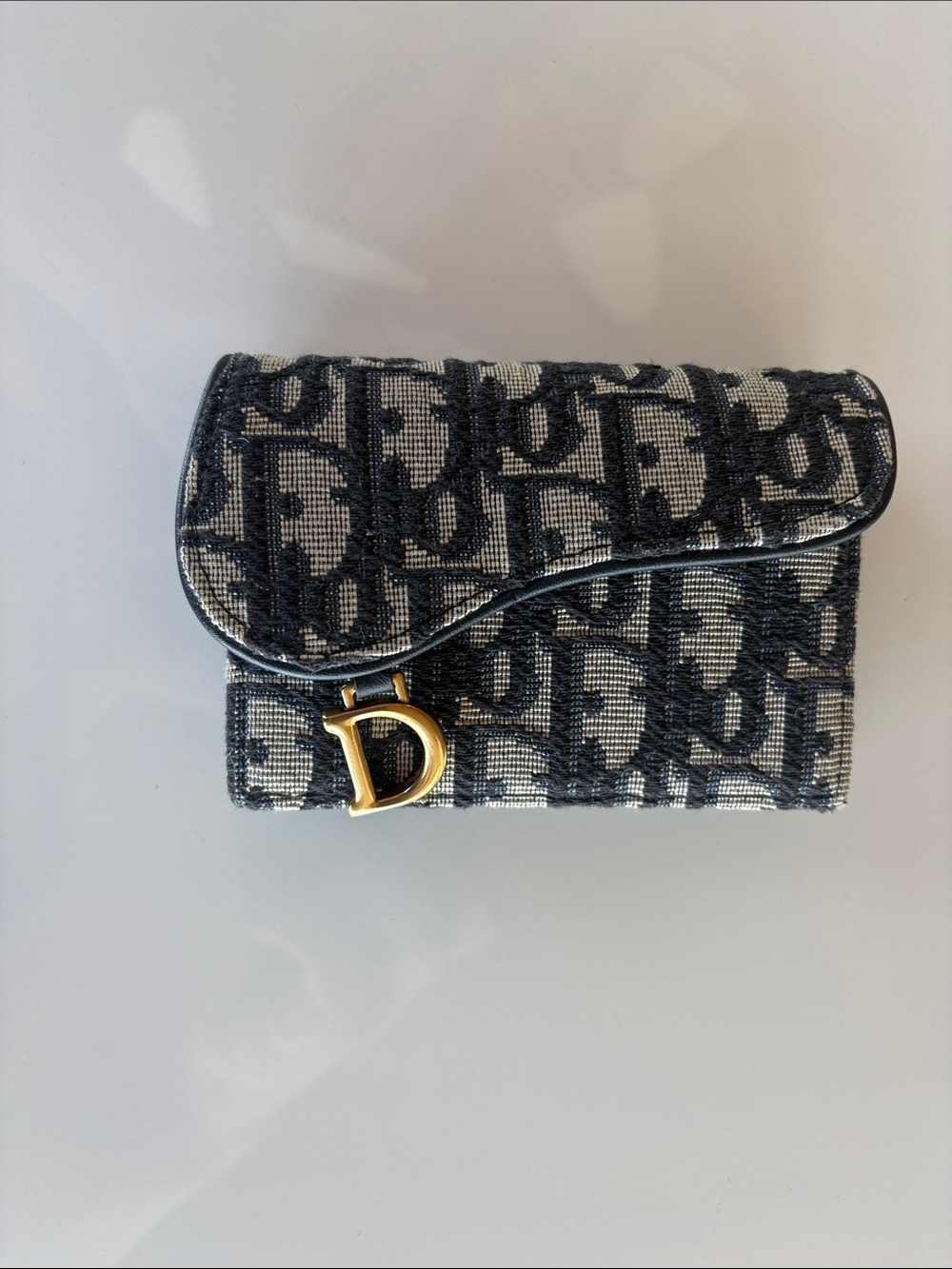 Dior Black and Navy Textile Card Holder with Gold Logo